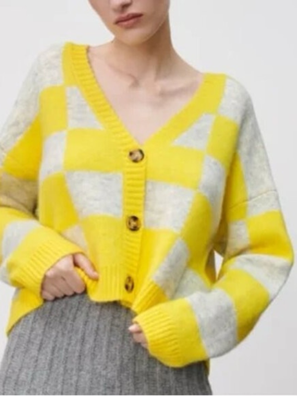 Zara Yellow and Gray Plaid Cropped Cardigan, Size Small